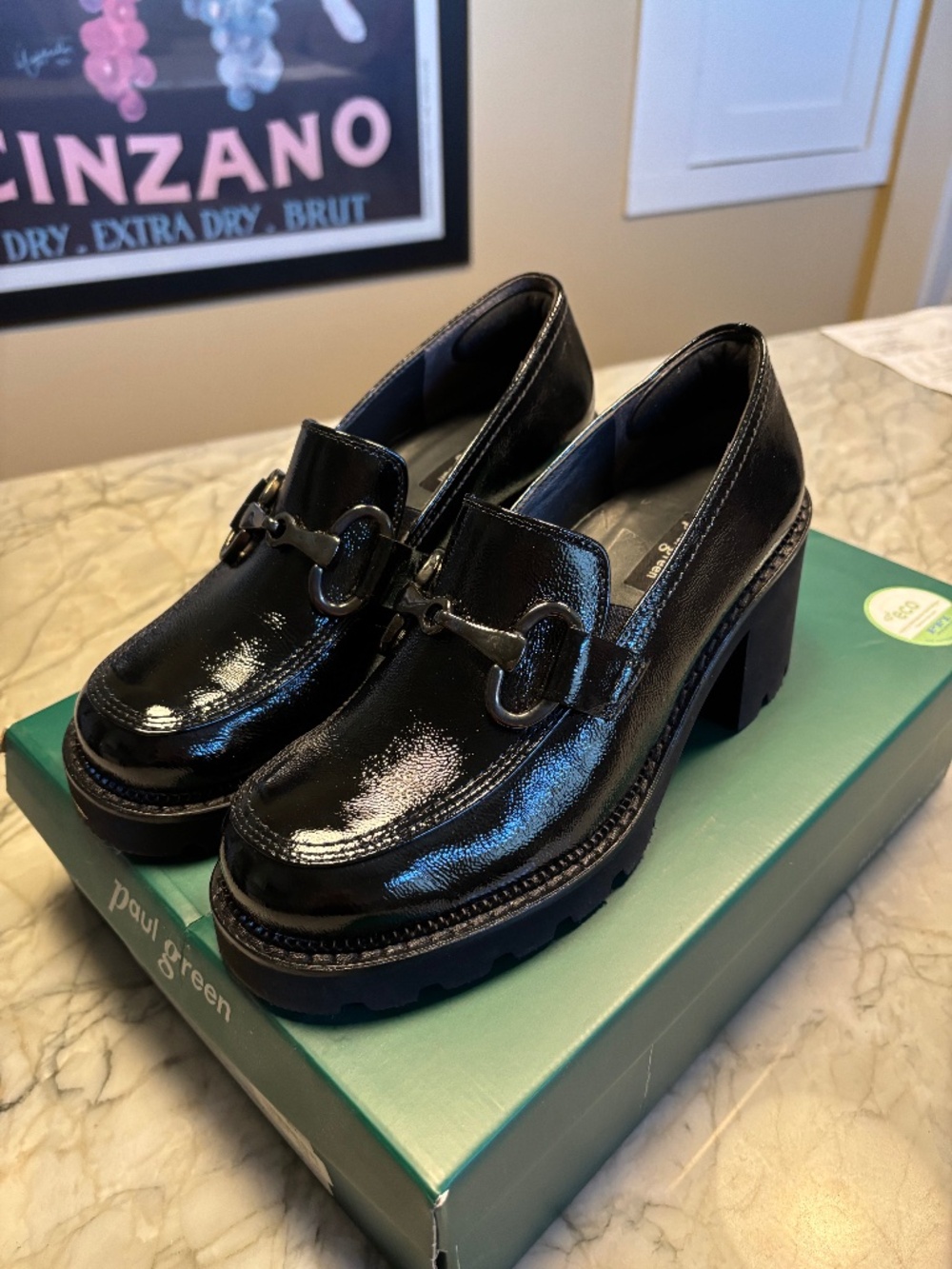 Paul Green black patent chunky heeled loafer